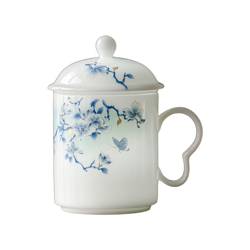 Ice Jade Porcelain Tea Filter Cup with Infuser | Gold Silk Butterfly Ceramic | Tea-Water Separation Office Personal Teacup