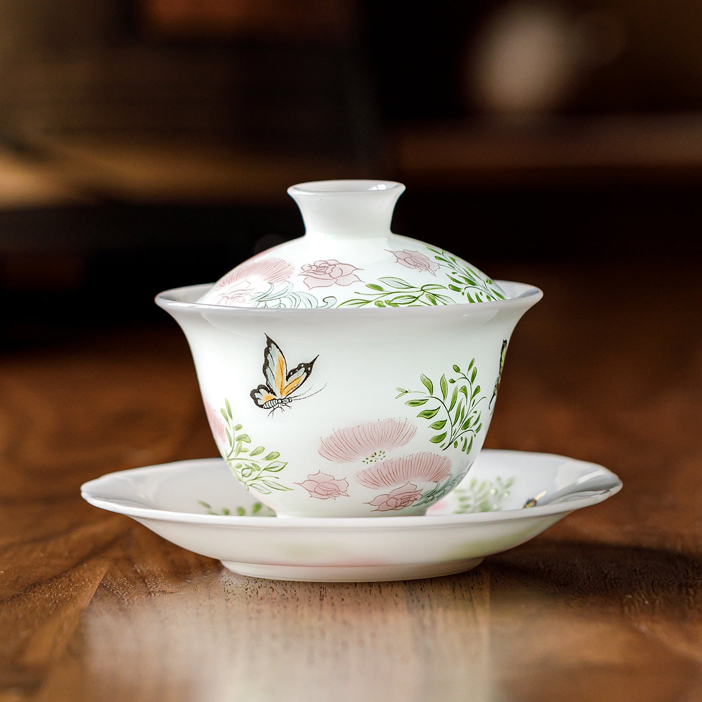 Ice Jade Porcelain Sancai Covered Bowl | Butterfly Dance Flower Joy Design | Large Capacity Non-Hot Ceramic Kung Fu Tea Bowl