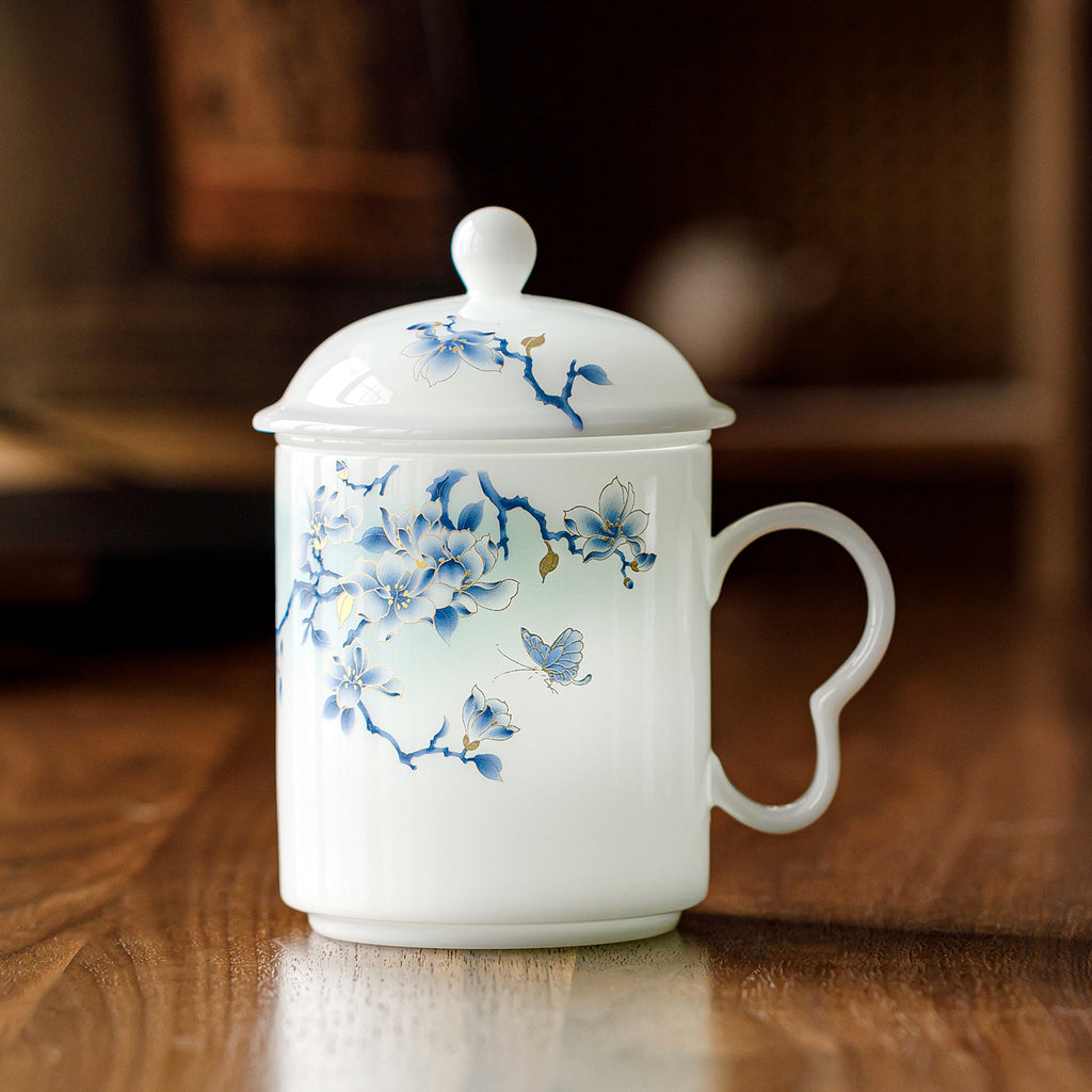 Ice Jade Porcelain Tea Filter Cup with Infuser | Gold Silk Butterfly Ceramic | Tea-Water Separation Office Personal Teacup