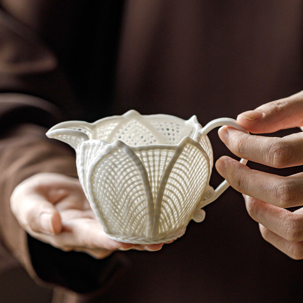 Hand-Woven White Porcelain Gongdao Cup | Jade Lotus Design | Handcrafted Ceramic Tea Pitcher for Kung Fu Tea Ceremony