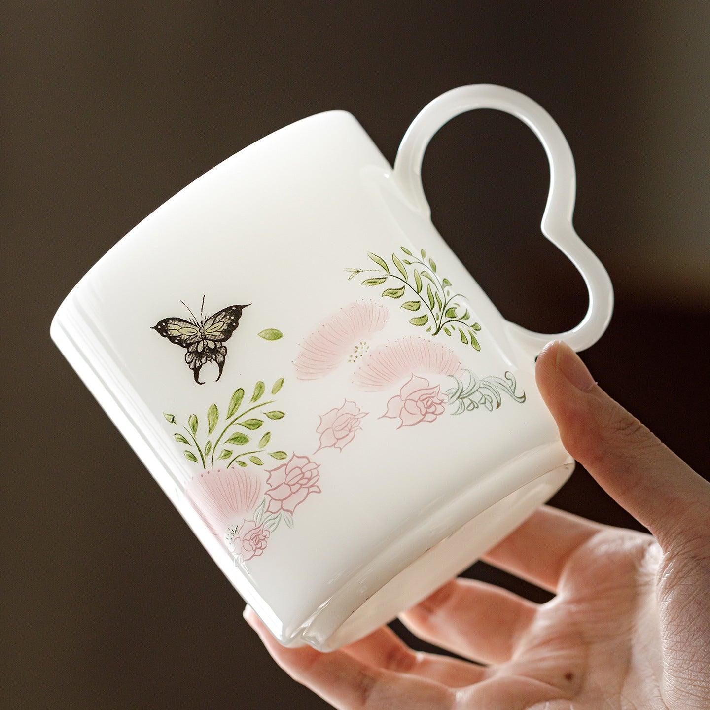Ice Jade Porcelain Tea Filter Cup | Butterfly Dance Flower Joy Design | Tea-Water Separation Ceramic Teacup for Office & Home