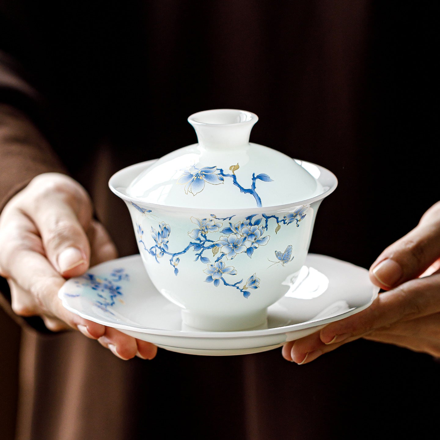 Ice Jade Porcelain Sancai Covered Tea Bowl | Gold Silk Butterfly Design | Large Capacity Ceramic Kung Fu Tea Set
