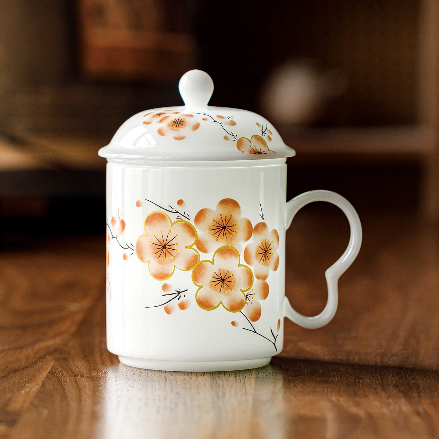 Ice Jade Porcelain Tea Filter Cup | Red Plum & Snow Design | Tea-Water Separation Ceramic Teacup with Lid for Office & Home