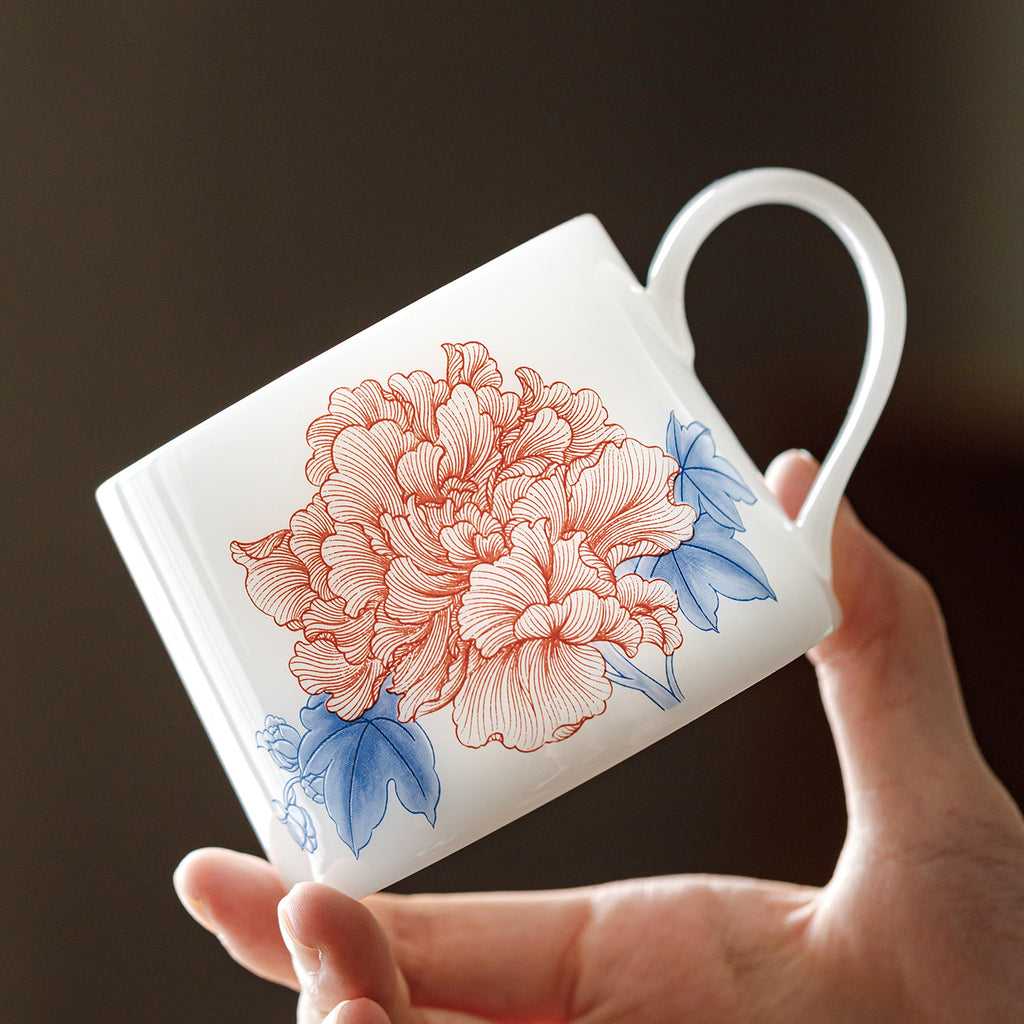 Ice Jade Porcelain Coffee Cup | Hibiscus Blossom Design | 200ml Ceramic Latte Cup for Afternoon Tea & Office Use