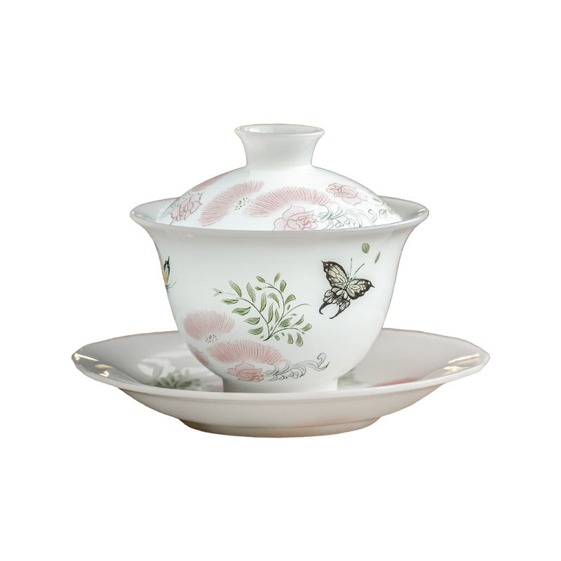 Ice Jade Porcelain Sancai Covered Bowl | Butterfly Dance Flower Joy Design | Large Capacity Non-Hot Ceramic Kung Fu Tea Bowl