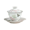 Ice Jade Porcelain Sancai Covered Bowl | Butterfly Dance Flower Joy Design | Large Capacity Non-Hot Ceramic Kung Fu Tea Bowl