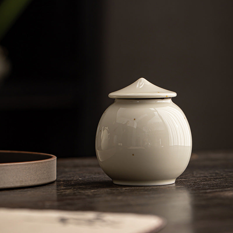 Plant Ash Glaze Ceramic Tea Storage Jar | 200ml Airtight Sealed Canister | Beige Retro Chinese Style – Perfect & Bamboo Hat Lid Options