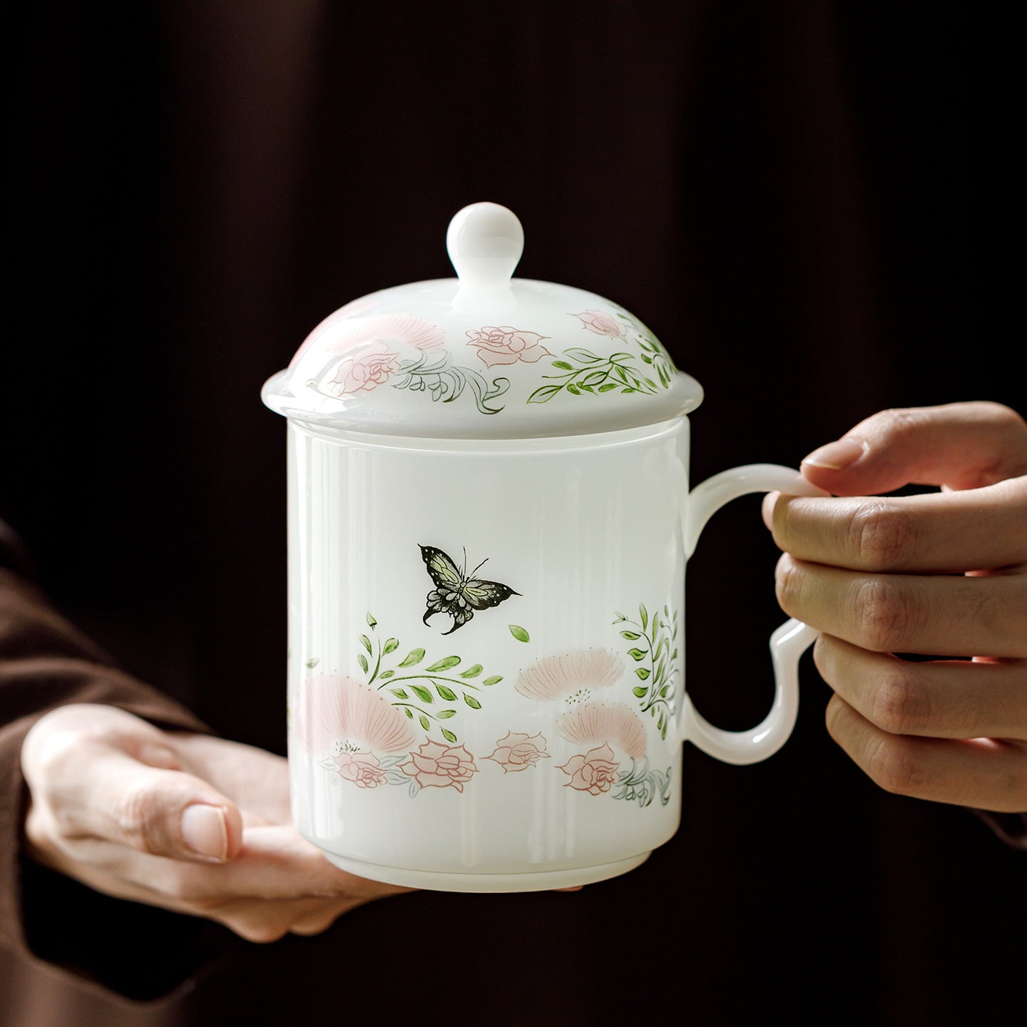 Ice Jade Porcelain Tea Filter Cup | Butterfly Dance Flower Joy Design | Tea-Water Separation Ceramic Teacup for Office & Home