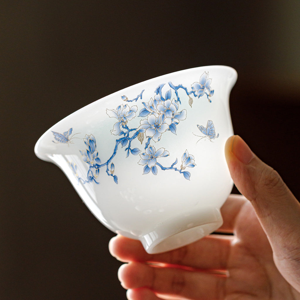 Ice Jade Porcelain Sancai Covered Tea Bowl | Gold Silk Butterfly Design | Large Capacity Ceramic Kung Fu Tea Set