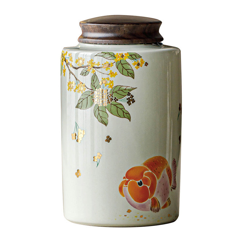 Vegetable Ash Ceramic Tea Storage Jar | Golden Osmanthus Carp Design | Airtight Moisture-Proof Chinese Tea Canister