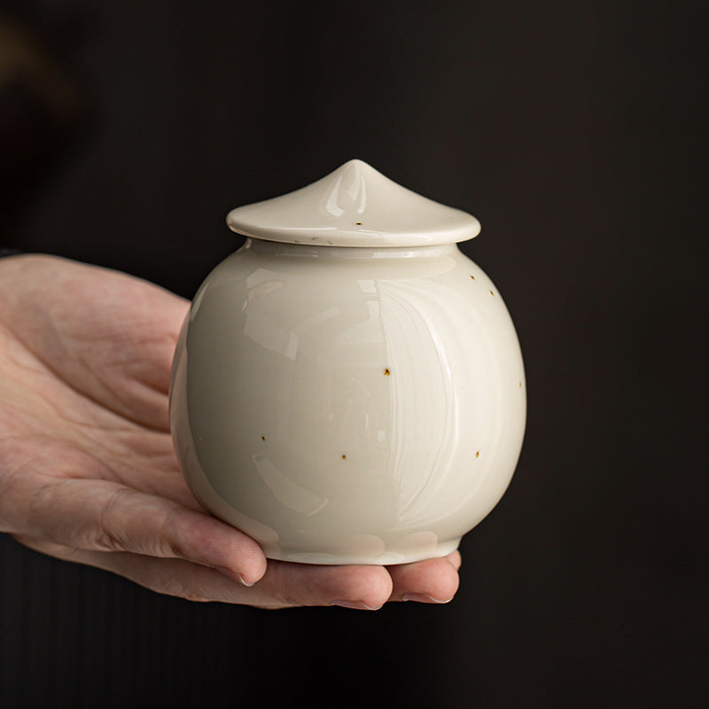 Plant Ash Glaze Ceramic Tea Storage Jar | 200ml Airtight Sealed Canister | Beige Retro Chinese Style – Perfect & Bamboo Hat Lid Options