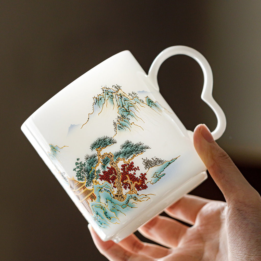 Ice Jade Porcelain Tea Filter Cup | Landscape Pavilion Design | Tea-Water Separation Chinese Ceramic Teacup