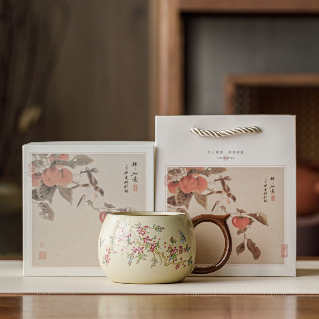 Beige Ru Kiln Ceramic Mug | Pink Peach Blossom Design | 240ml Chinese Porcelain Tea & Coffee Cup for Office & Home