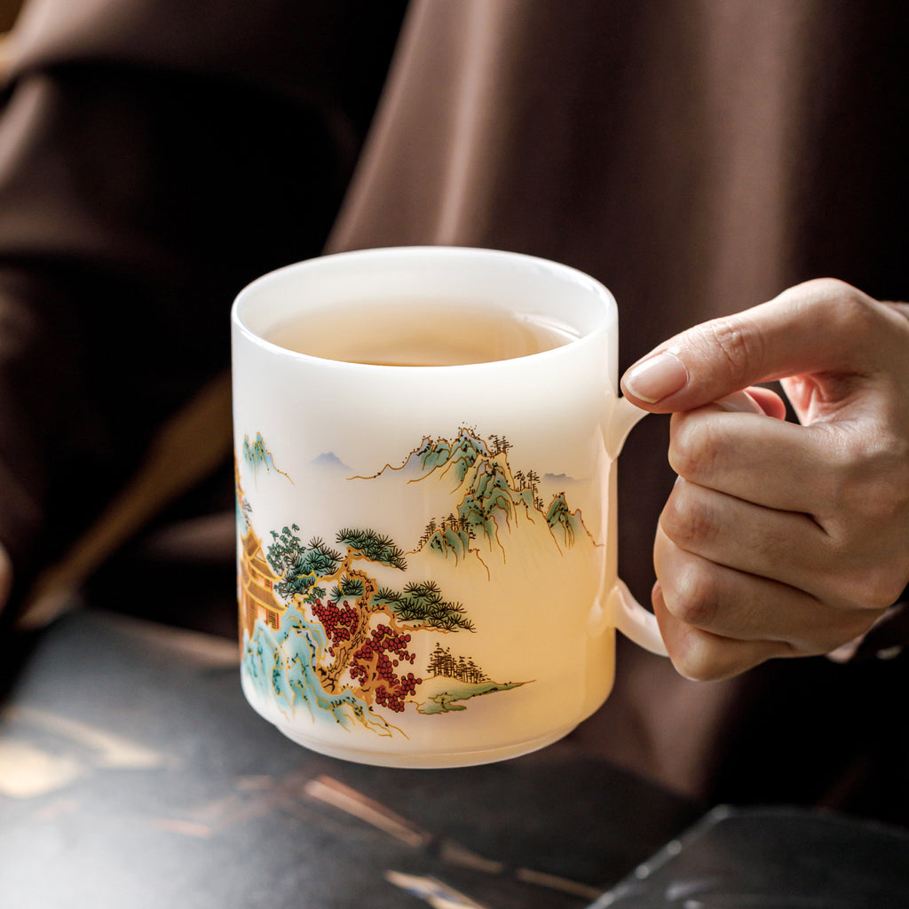 Ice Jade Porcelain Tea Filter Cup | Landscape Pavilion Design | Tea-Water Separation Chinese Ceramic Teacup