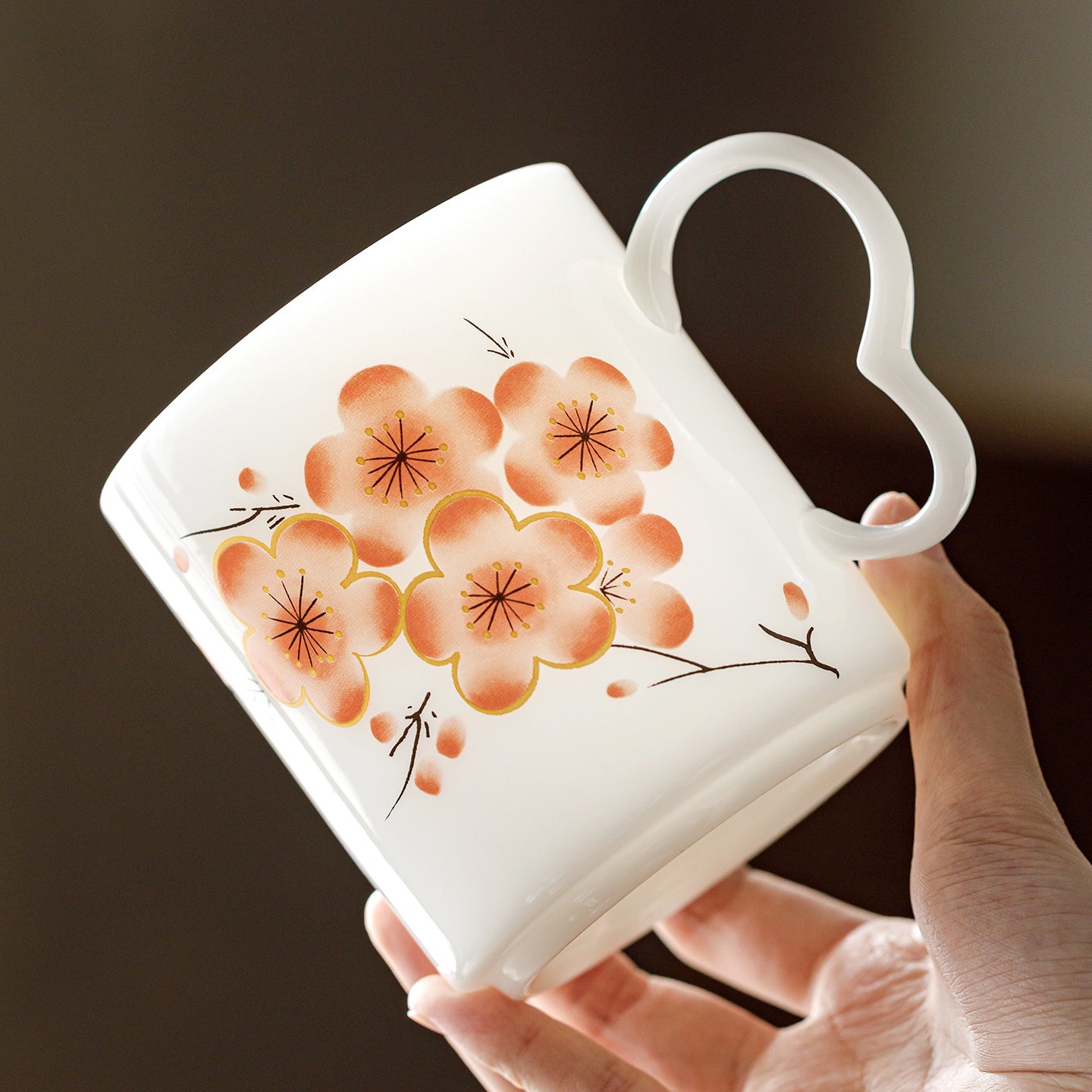 Ice Jade Porcelain Tea Filter Cup | Red Plum & Snow Design | Tea-Water Separation Ceramic Teacup with Lid for Office & Home