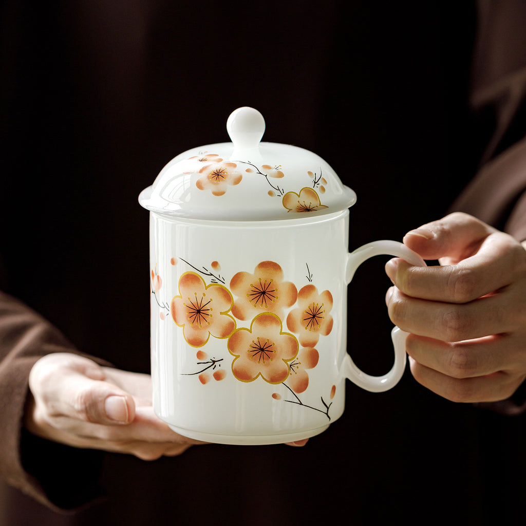 Ice Jade Porcelain Tea Filter Cup | Red Plum & Snow Design | Tea-Water Separation Ceramic Teacup with Lid for Office & Home