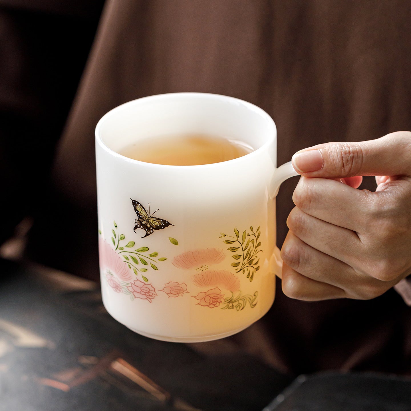 Ice Jade Porcelain Tea Filter Cup | Butterfly Dance Flower Joy Design | Tea-Water Separation Ceramic Teacup for Office & Home