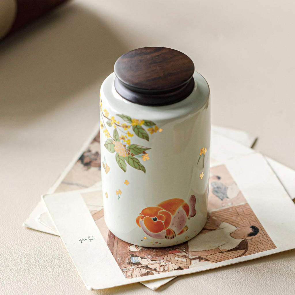 Vegetable Ash Ceramic Tea Storage Jar | Golden Osmanthus Carp Design | Airtight Moisture-Proof Chinese Tea Canister