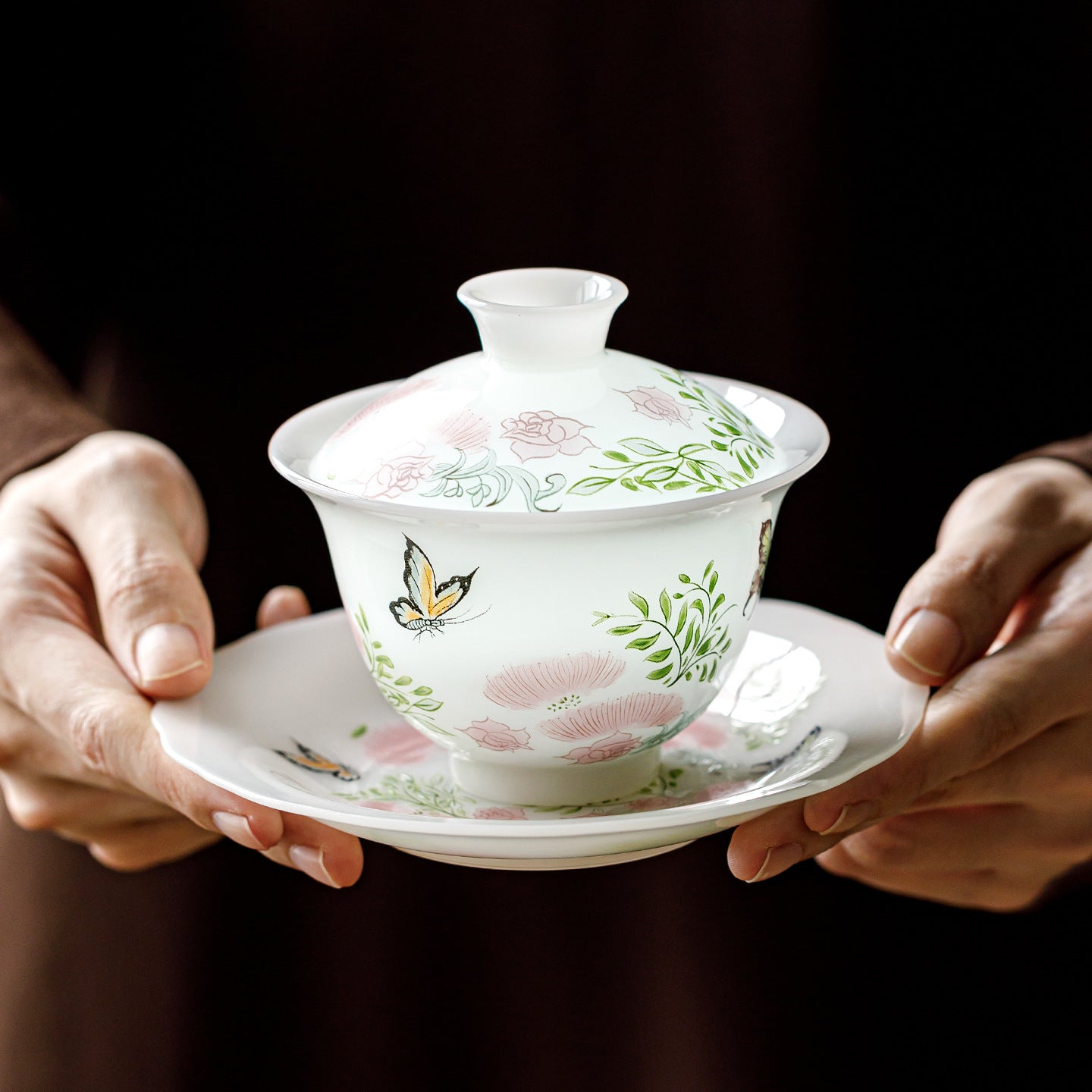Ice Jade Porcelain Sancai Covered Bowl | Butterfly Dance Flower Joy Design | Large Capacity Non-Hot Ceramic Kung Fu Tea Bowl
