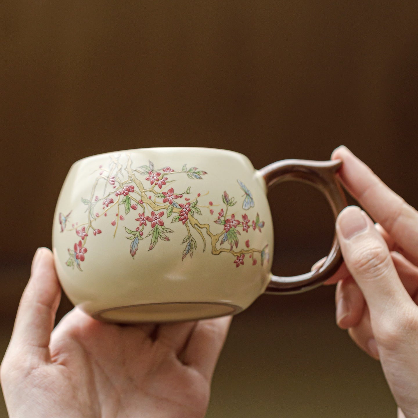 Beige Ru Kiln Ceramic Mug | Pink Peach Blossom Design | 240ml Chinese Porcelain Tea & Coffee Cup for Office & Home