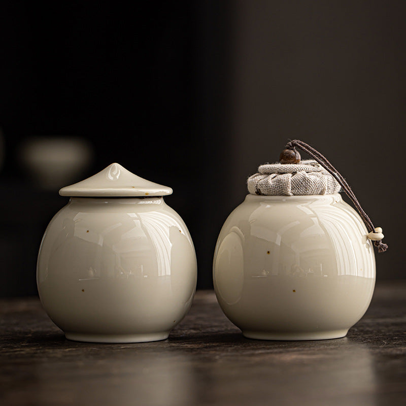 Plant Ash Glaze Ceramic Tea Storage Jar | 200ml Airtight Sealed Canister | Beige Retro Chinese Style – Perfect & Bamboo Hat Lid Options