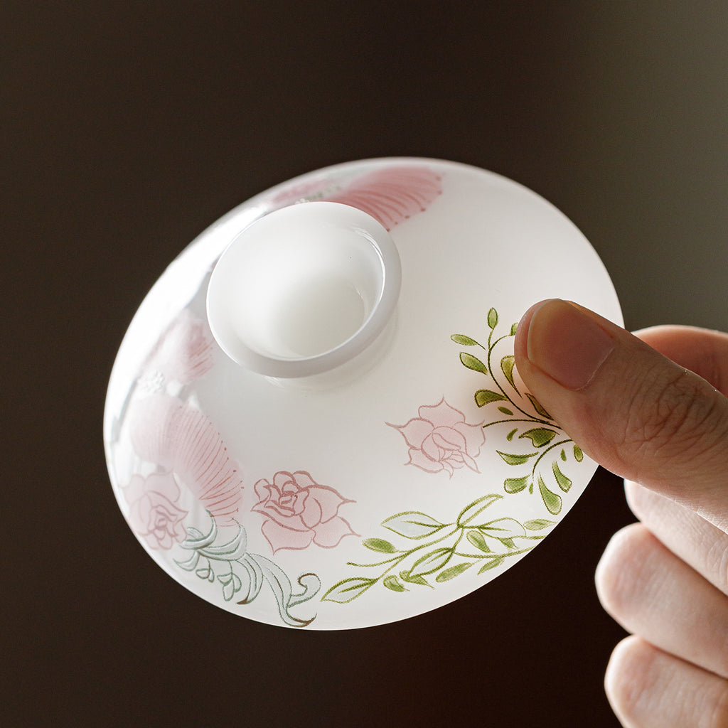 Ice Jade Porcelain Sancai Covered Bowl | Butterfly Dance Flower Joy Design | Large Capacity Non-Hot Ceramic Kung Fu Tea Bowl