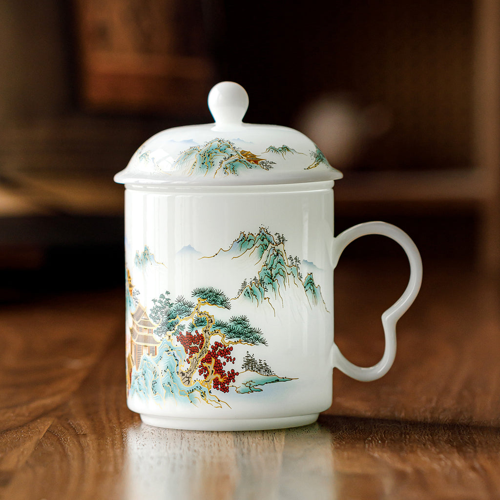 Ice Jade Porcelain Tea Filter Cup | Landscape Pavilion Design | Tea-Water Separation Chinese Ceramic Teacup