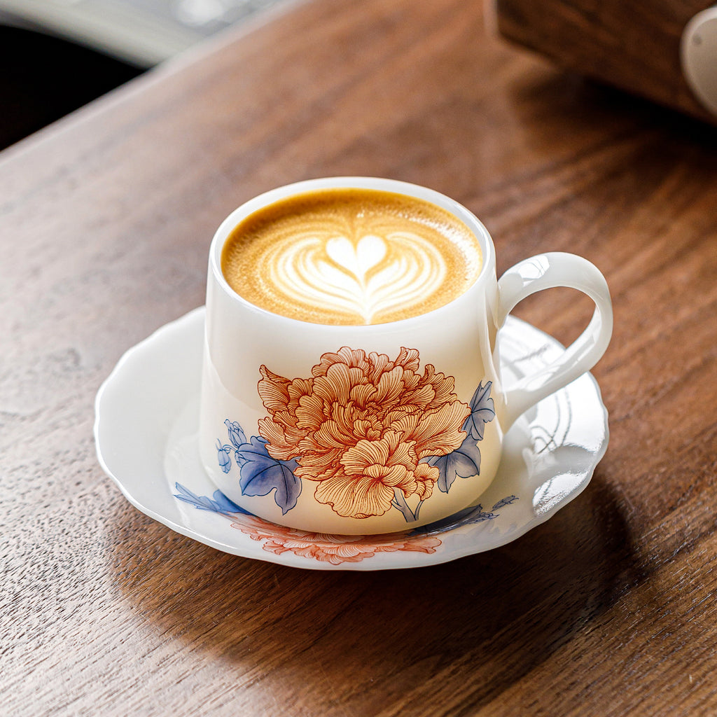 Ice Jade Porcelain Coffee Cup | Hibiscus Blossom Design | 200ml Ceramic Latte Cup for Afternoon Tea & Office Use