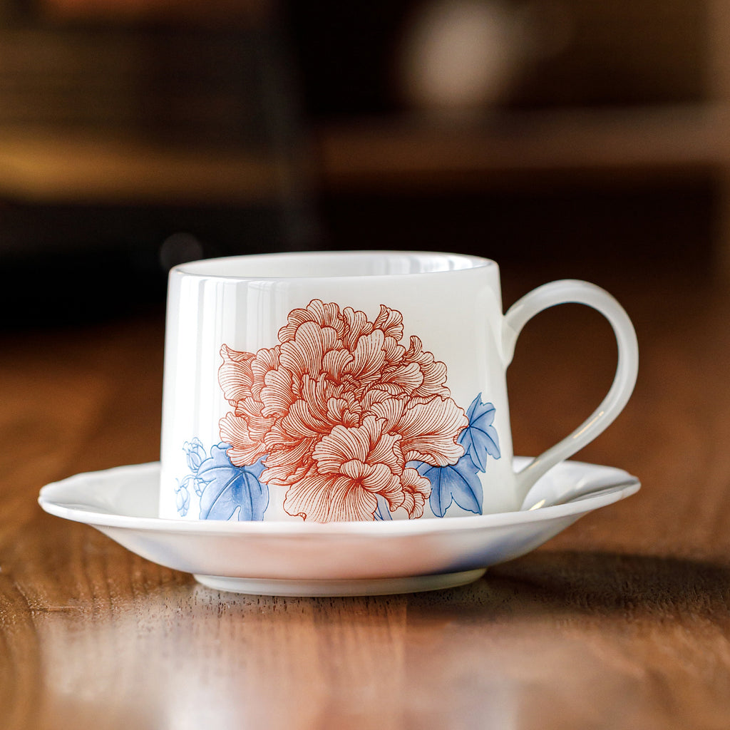 Ice Jade Porcelain Coffee Cup | Hibiscus Blossom Design | 200ml Ceramic Latte Cup for Afternoon Tea & Office Use