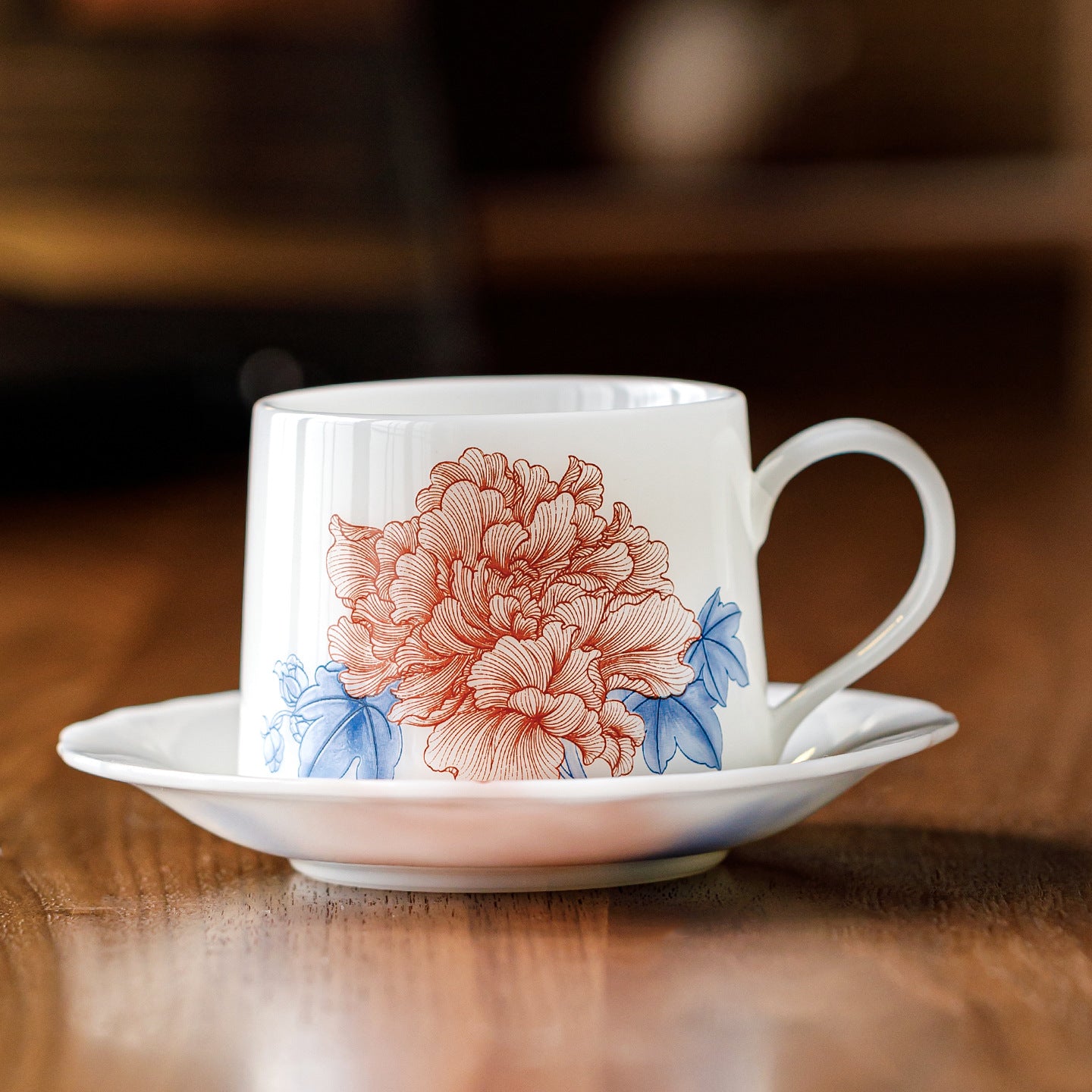Ice Jade Porcelain Coffee Cup | Hibiscus Blossom Design | 200ml Ceramic Latte Cup for Afternoon Tea & Office Use