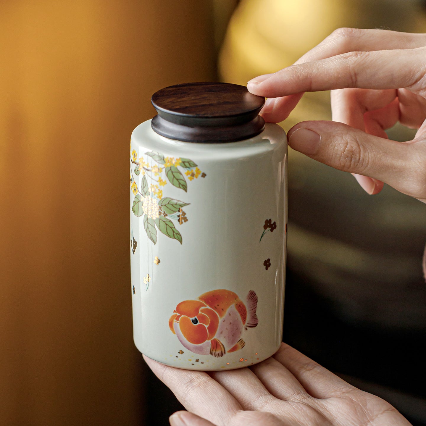 Vegetable Ash Ceramic Tea Storage Jar | Golden Osmanthus Carp Design | Airtight Moisture-Proof Chinese Tea Canister