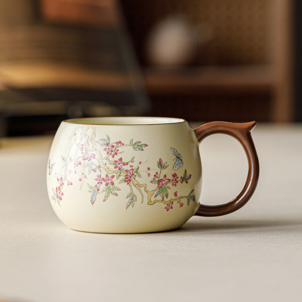 Beige Ru Kiln Ceramic Mug | Pink Peach Blossom Design | 240ml Chinese Porcelain Tea & Coffee Cup for Office & Home