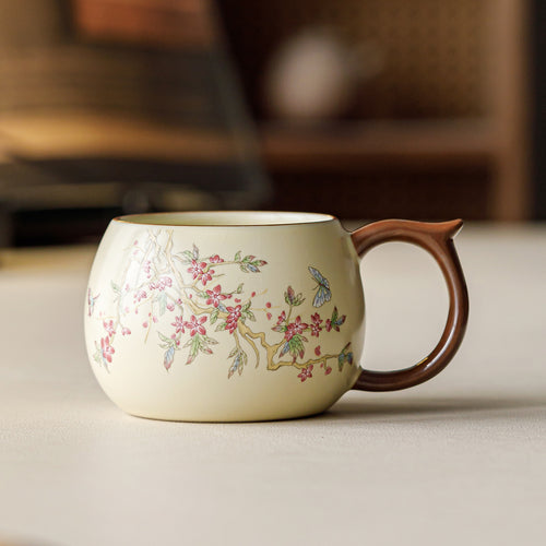 Beige Ru Kiln Ceramic Mug | Pink Peach Blossom Design | 240ml Chinese Porcelain Tea & Coffee Cup for Office & Home