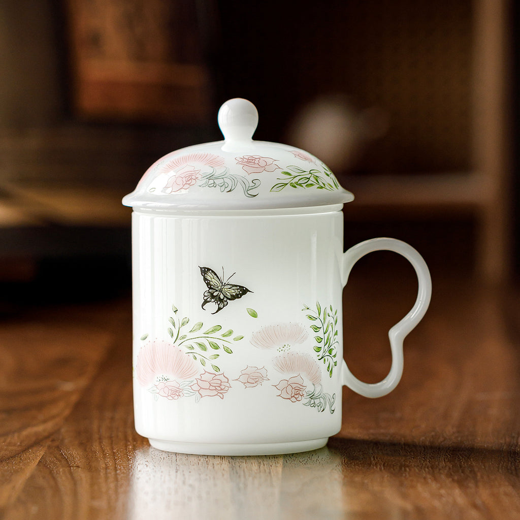 Ice Jade Porcelain Tea Filter Cup | Butterfly Dance Flower Joy Design | Tea-Water Separation Ceramic Teacup for Office & Home