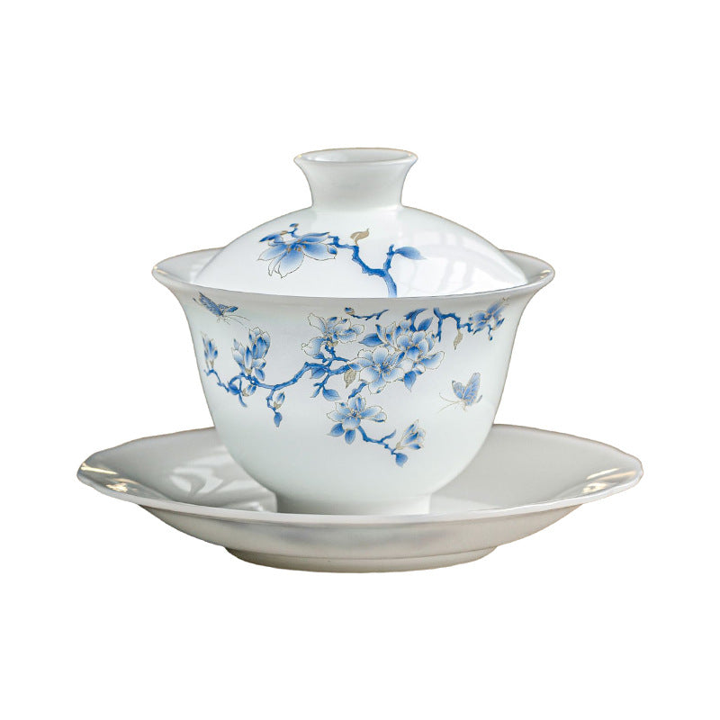 Ice Jade Porcelain Sancai Covered Tea Bowl | Gold Silk Butterfly Design | Large Capacity Ceramic Kung Fu Tea Set