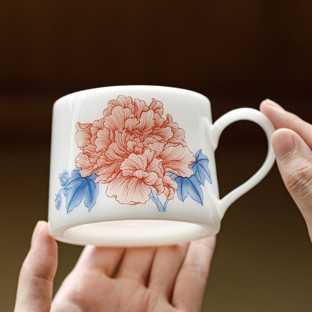 Ice Jade Porcelain Coffee Cup | Hibiscus Blossom Design | 200ml Ceramic Latte Cup for Afternoon Tea & Office Use