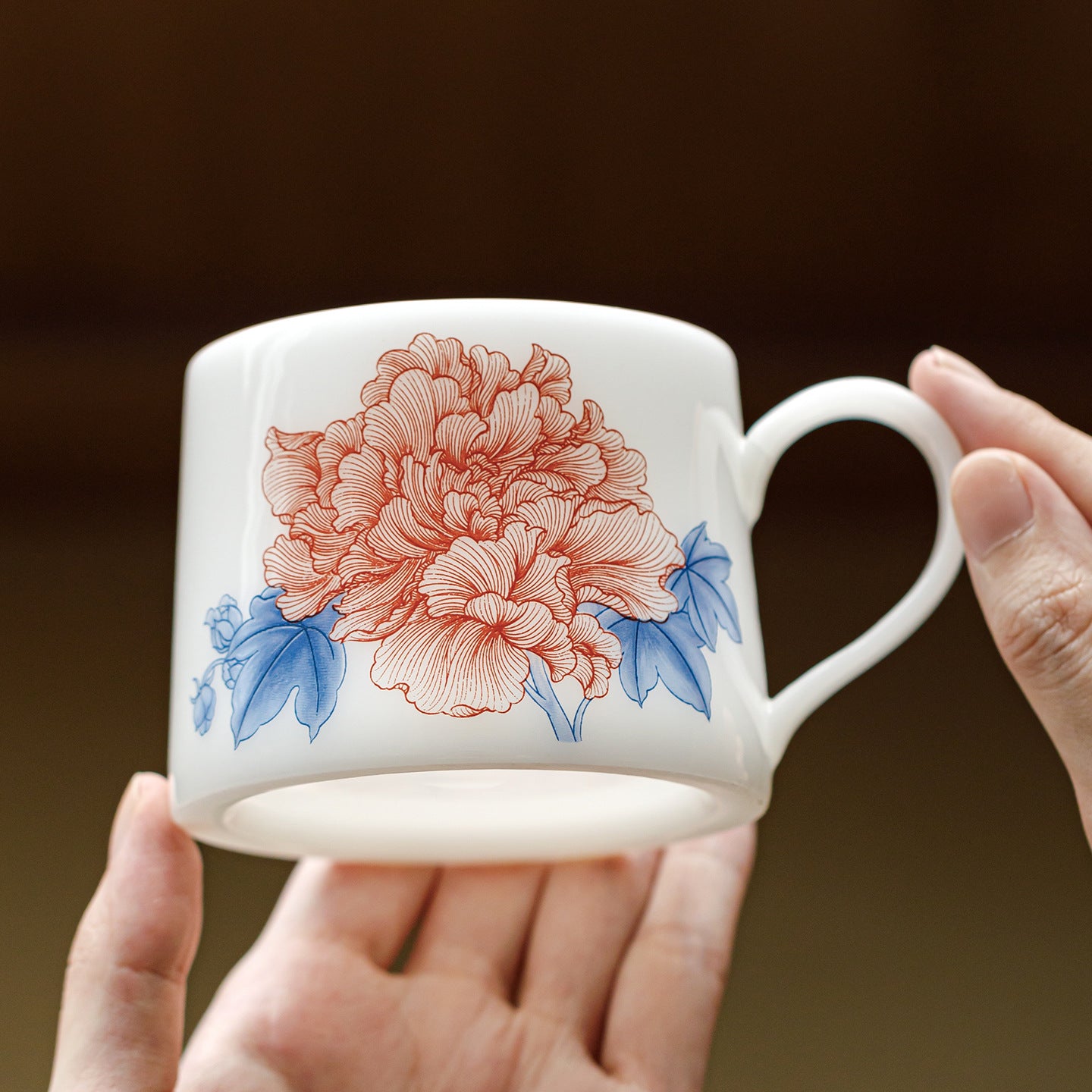 Ice Jade Porcelain Coffee Cup | Hibiscus Blossom Design | 200ml Ceramic Latte Cup for Afternoon Tea & Office Use