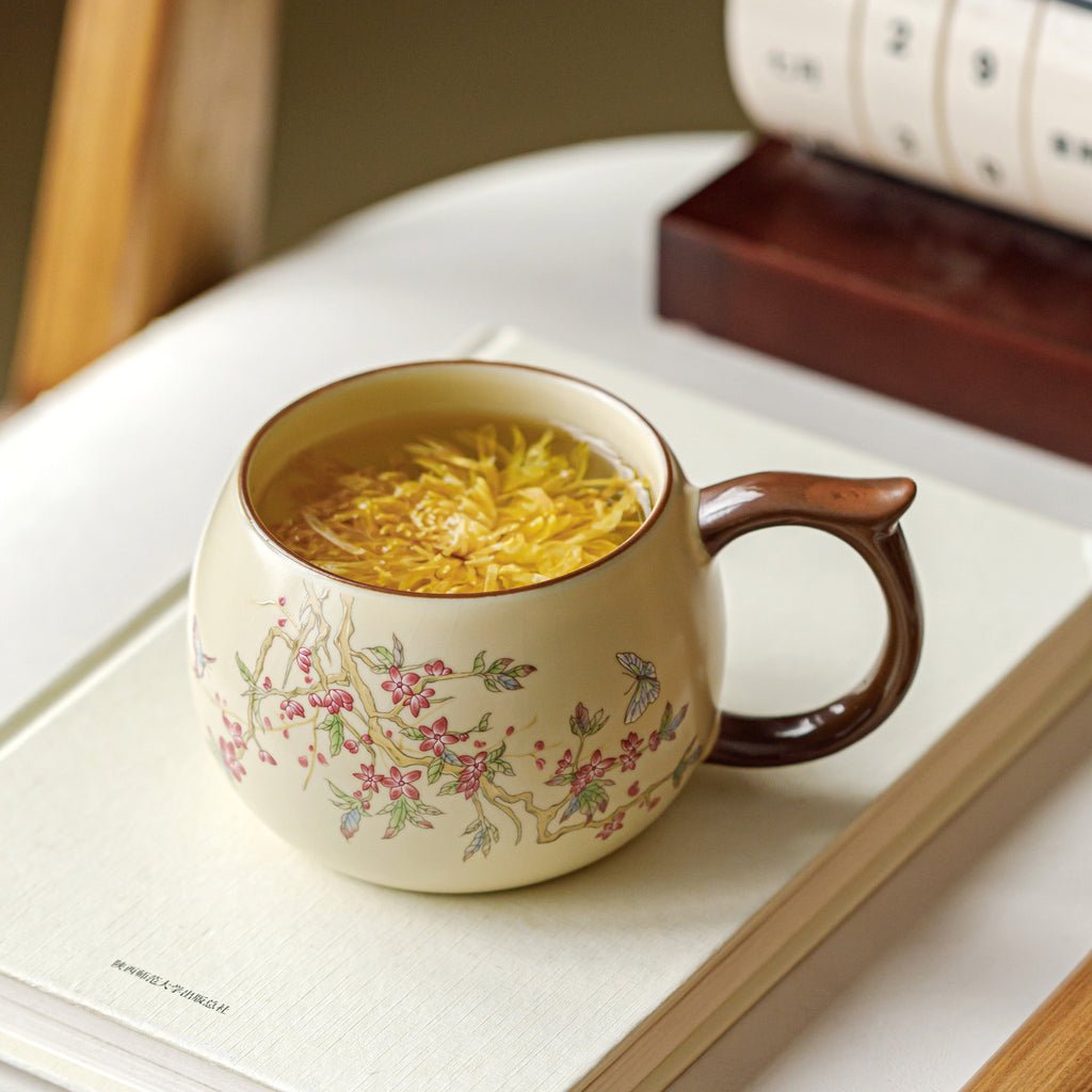 Beige Ru Kiln Ceramic Mug | Pink Peach Blossom Design | 240ml Chinese Porcelain Tea & Coffee Cup for Office & Home