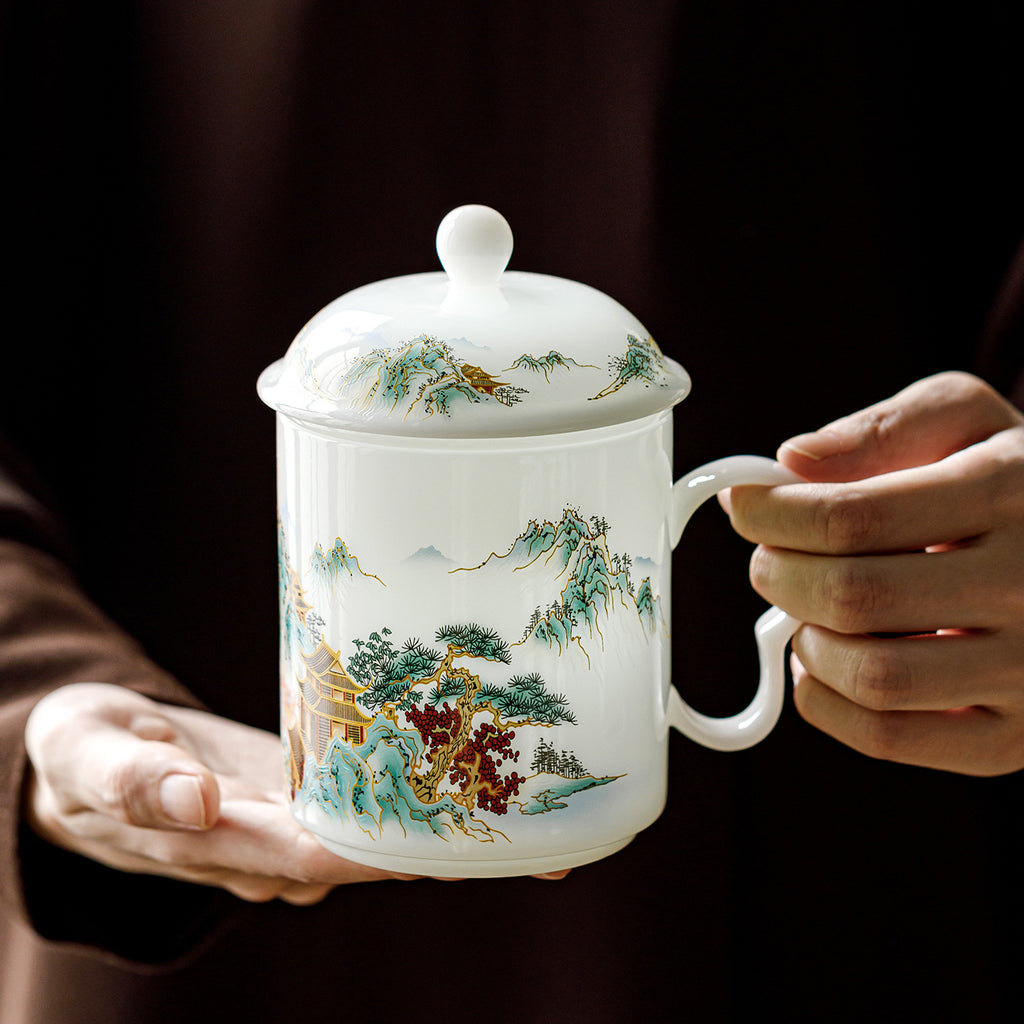 Ice Jade Porcelain Tea Filter Cup | Landscape Pavilion Design | Tea-Water Separation Chinese Ceramic Teacup
