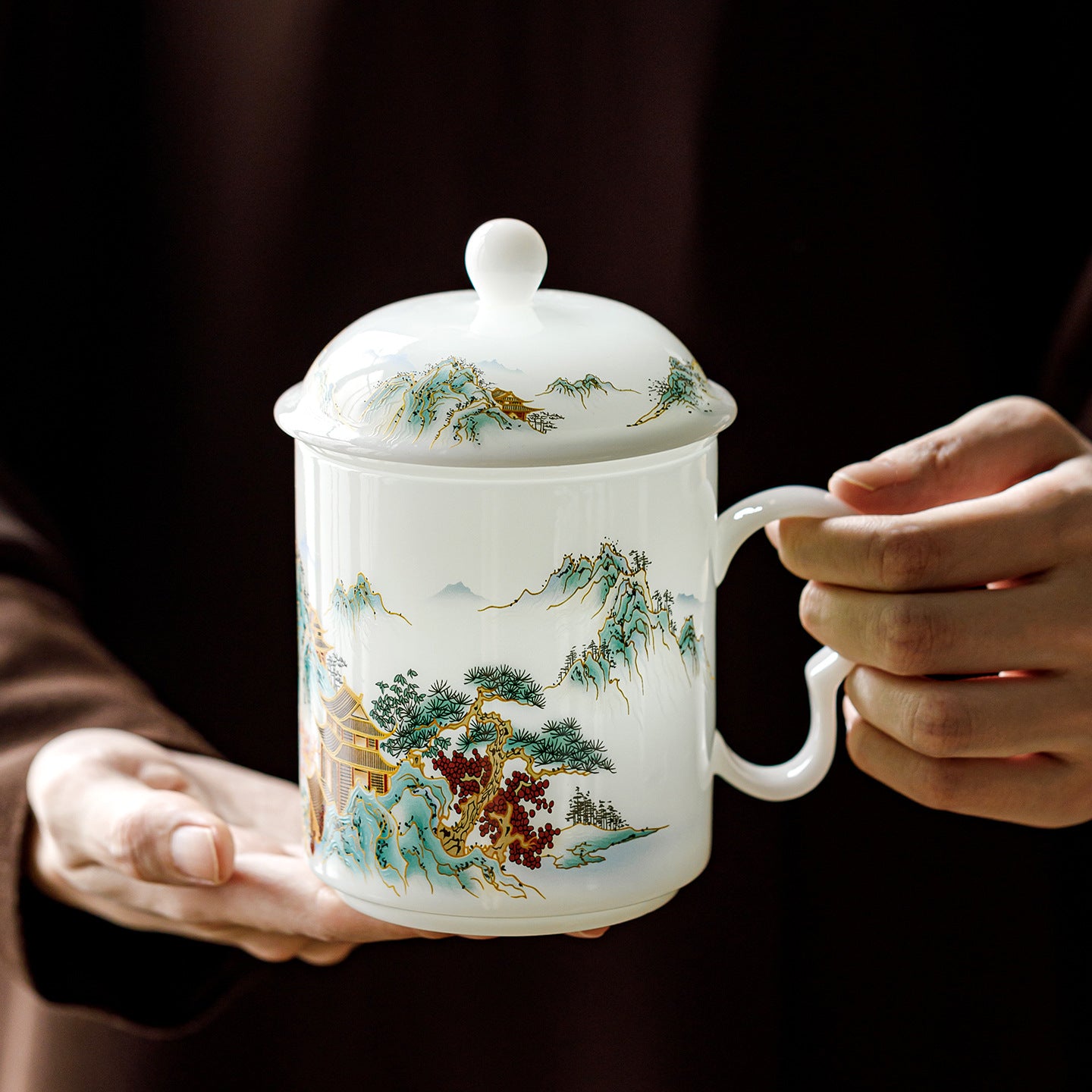Ice Jade Porcelain Tea Filter Cup | Landscape Pavilion Design | Tea-Water Separation Chinese Ceramic Teacup