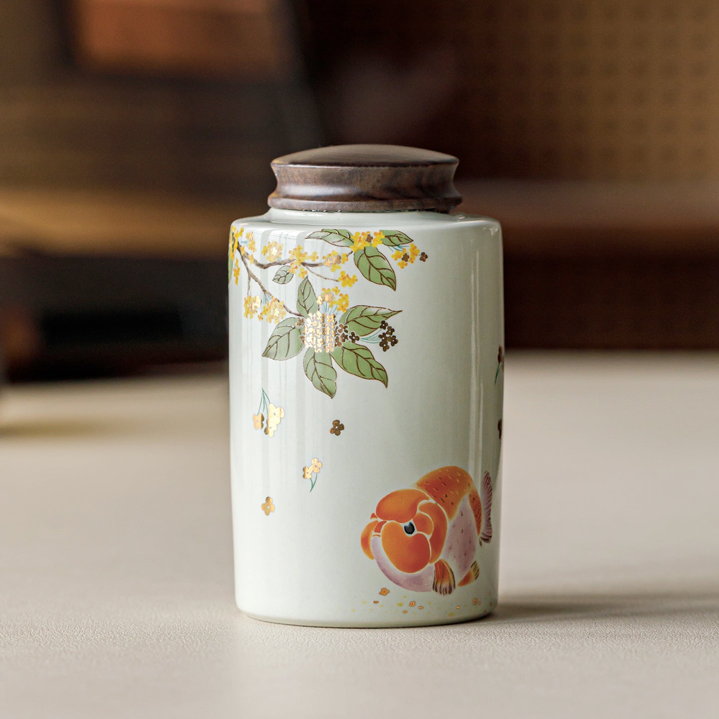 Vegetable Ash Ceramic Tea Storage Jar | Golden Osmanthus Carp Design | Airtight Moisture-Proof Chinese Tea Canister