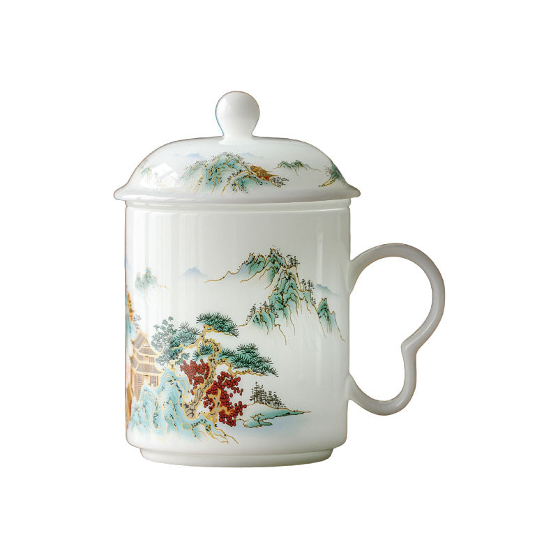 Ice Jade Porcelain Tea Filter Cup | Landscape Pavilion Design | Tea-Water Separation Chinese Ceramic Teacup