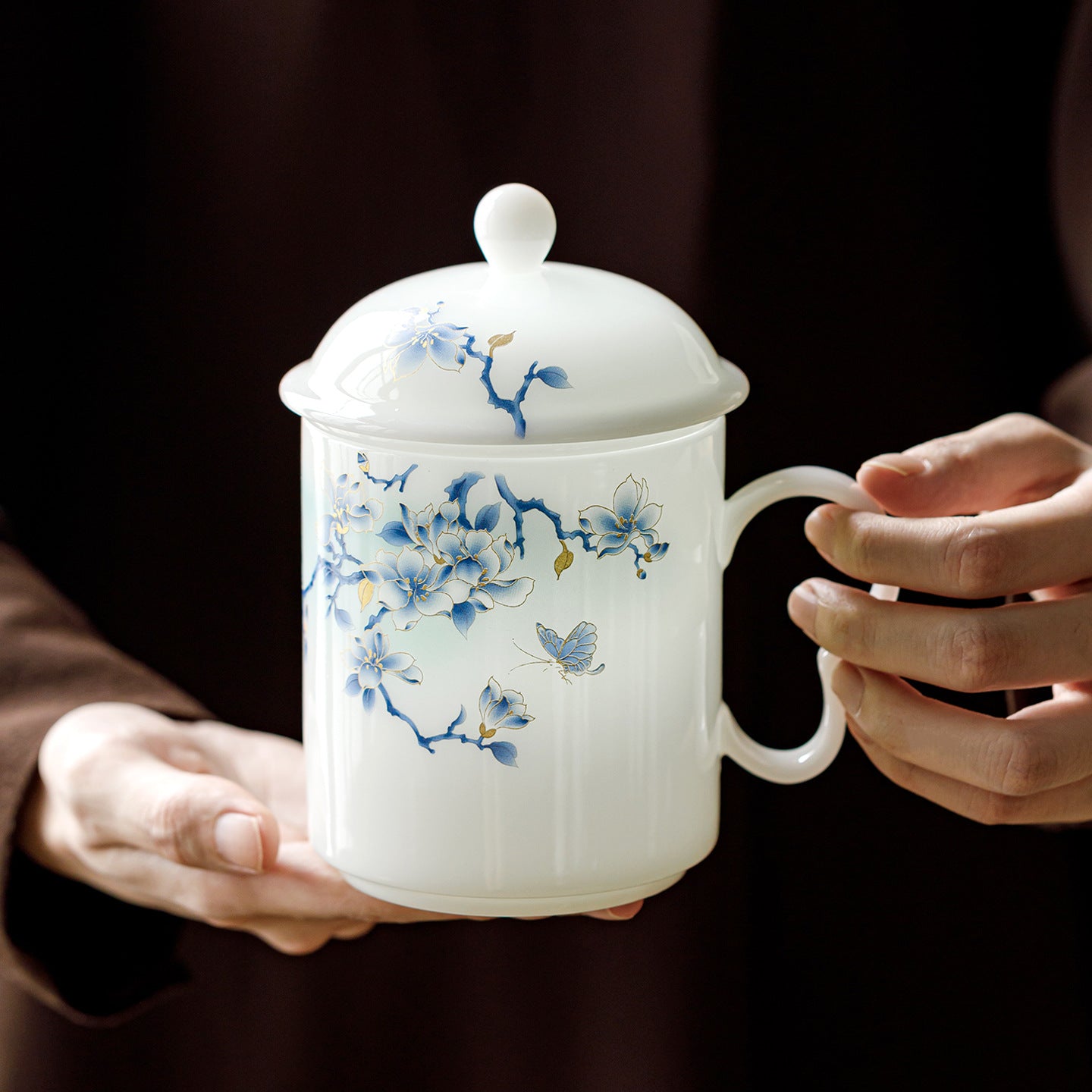 Ice Jade Porcelain Tea Filter Cup with Infuser | Gold Silk Butterfly Ceramic | Tea-Water Separation Office Personal Teacup