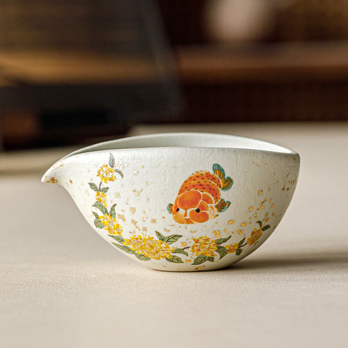 Blue & White Porcelain Gongdao Cup | Gold Osmanthus Carp Design | Ceramic Tea Pitcher for Kung Fu Tea Ceremony