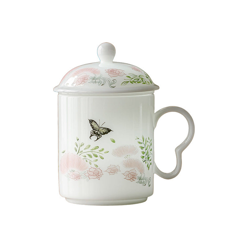 Ice Jade Porcelain Tea Filter Cup | Butterfly Dance Flower Joy Design | Tea-Water Separation Ceramic Teacup for Office & Home