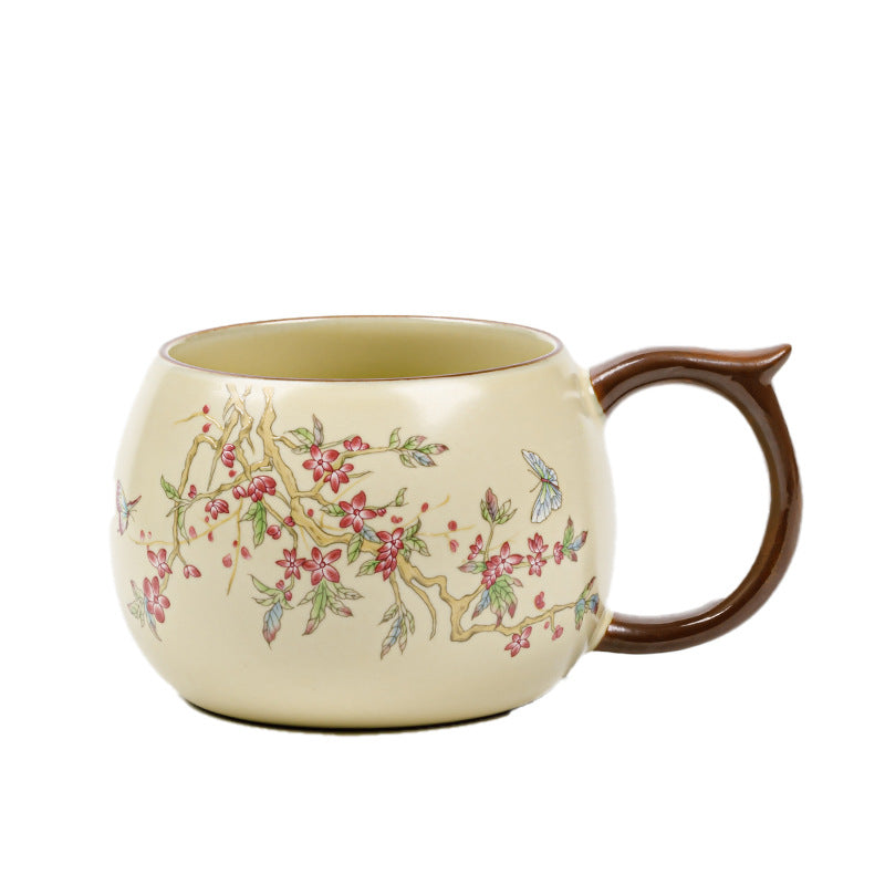 Beige Ru Kiln Ceramic Mug | Pink Peach Blossom Design | 240ml Chinese Porcelain Tea & Coffee Cup for Office & Home