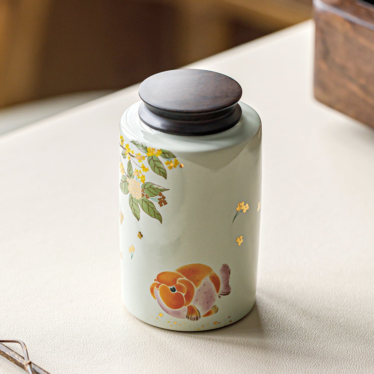 Vegetable Ash Ceramic Tea Storage Jar | Golden Osmanthus Carp Design | Airtight Moisture-Proof Chinese Tea Canister