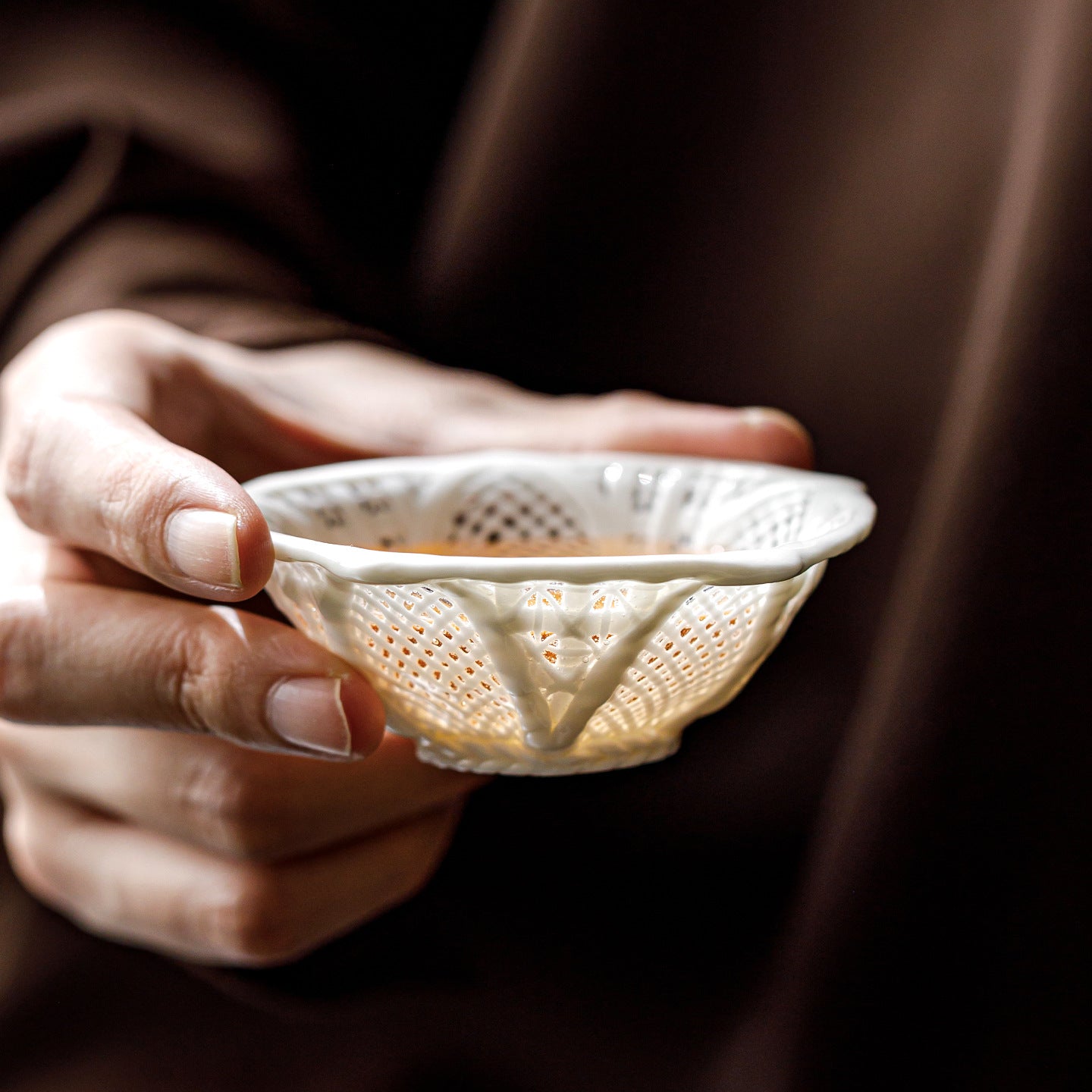 Chinese Hand-Woven Porcelain Tea Cup | Jade Celadon Ceramic Master Cup | Handcrafted White Porcelain Teacup