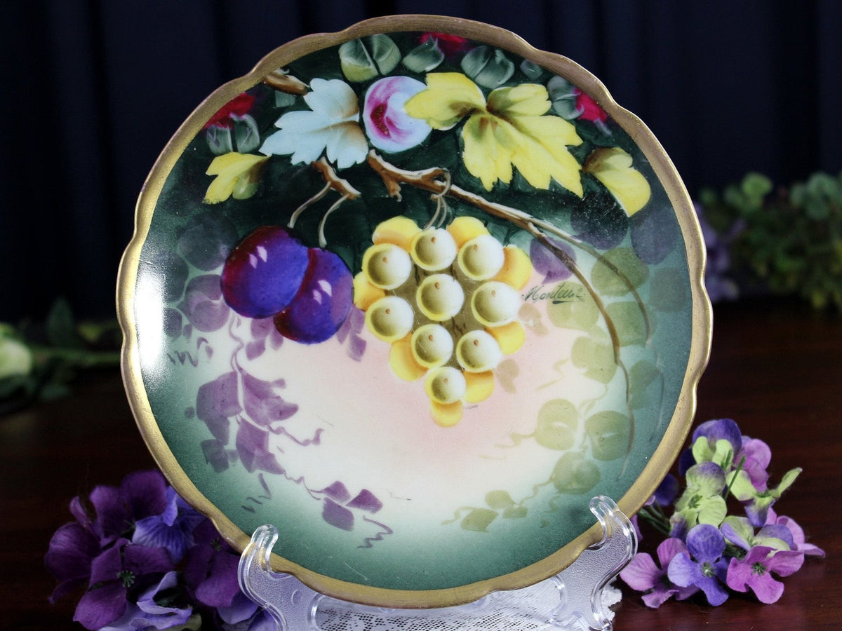 Antique Austrian, Monteux Signed 7.5 Inch Plate, Plums & Grapes 18463