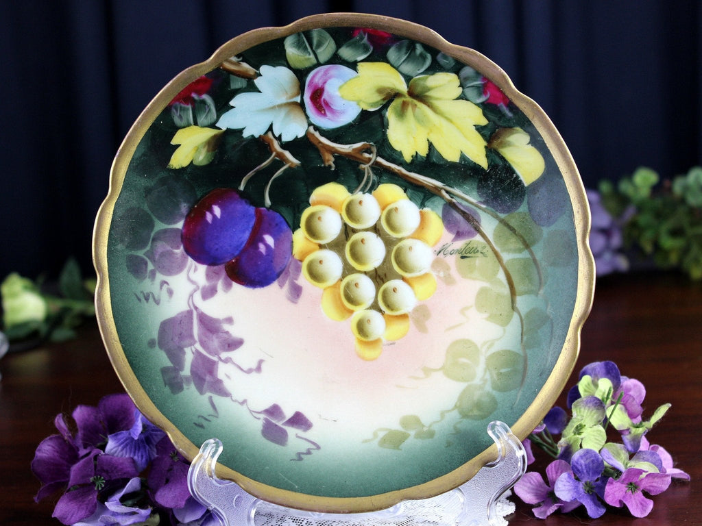Antique Austrian, Monteux Signed 7.5 Inch Plate, Plums & Grapes 18463